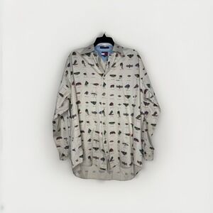 Vintage Tommy Hilfiger Fishing Fly Print Shirt Mens Medium Cream Entomology